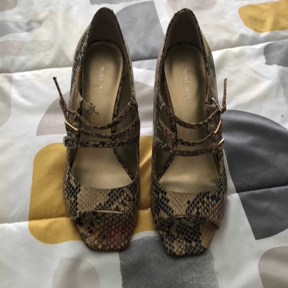 Nine West snake skins three strap heels. Peep toe. 3 inch heels